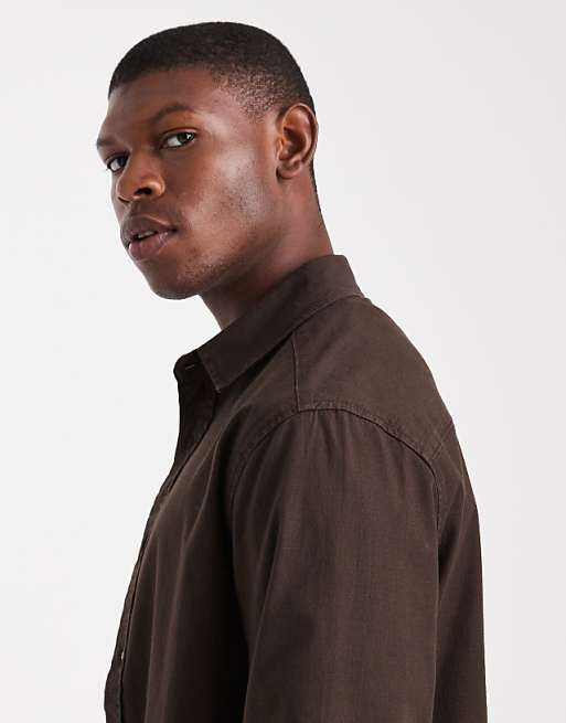 DESIGN Long Sleeve Shirt In Brown Ripstop