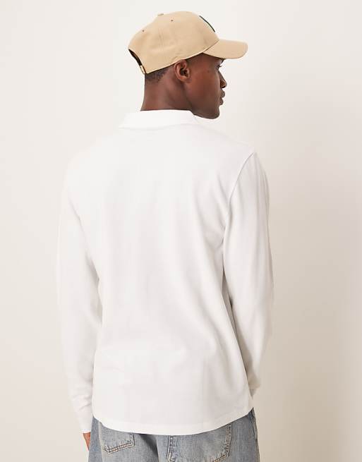 DESIGN Long Sleeve Smart Polo In White Pique