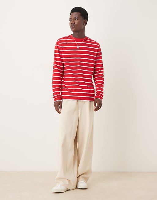 DESIGN Long Sleeve T-shirt In Red And White Stripe
