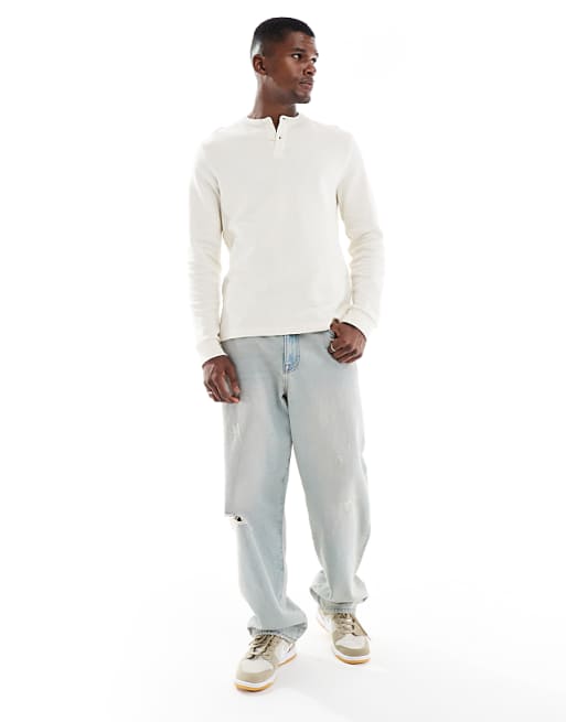 DESIGN Long Sleeve T-shirt With Henley Neck In Cream Waffle