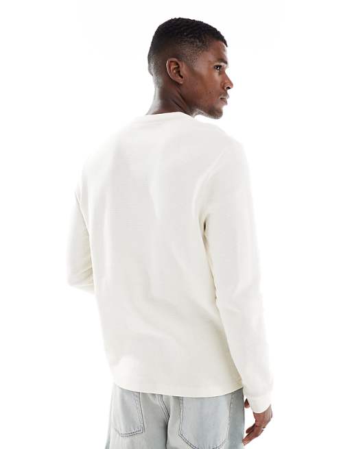 DESIGN Long Sleeve T-shirt With Henley Neck In Cream Waffle