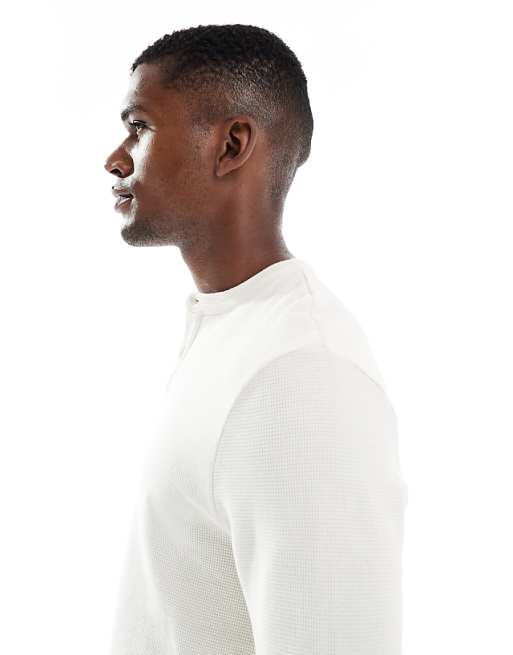DESIGN Long Sleeve T-shirt With Henley Neck In Cream Waffle