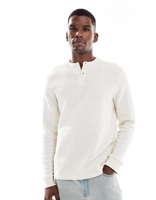 DESIGN long sleeve t-shirt with henley neck in cream waffle