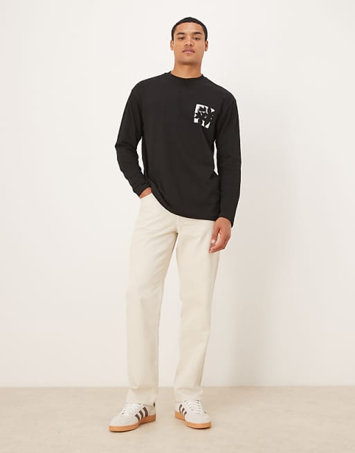 DESIGN Long Sleeve T-shirt With Small Flower Chest Print In Black