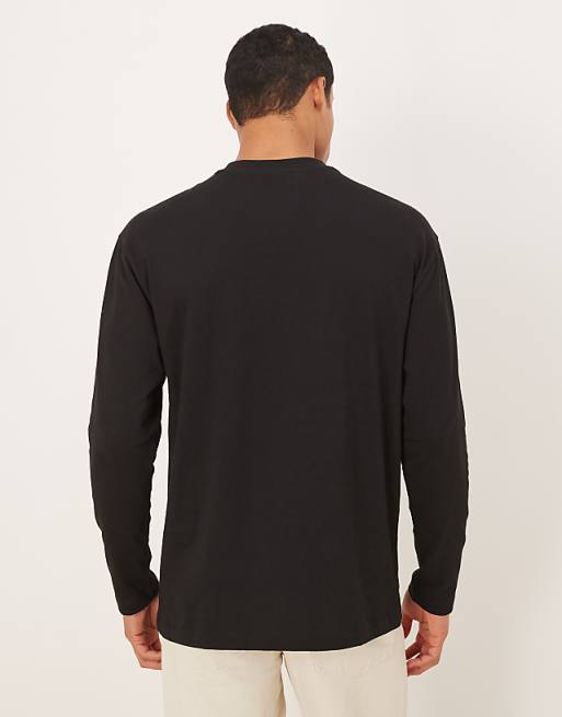 DESIGN Long Sleeve T-shirt With Small Flower Chest Print In Black