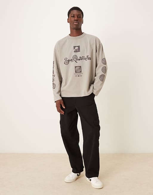DESIGN Long Sleeve T-shirt With Sun Chaser Graphic In Washed Stone