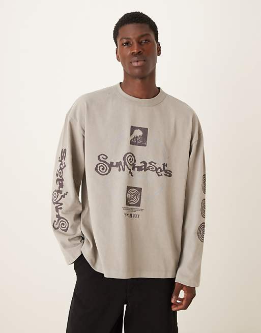 DESIGN long sleeve t-shirt with sun chaser graphic in washed stone