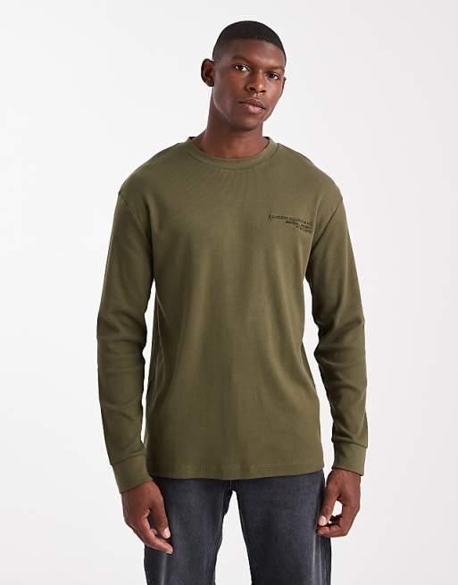 DESIGN long sleeve t-shirt with text graphic in khaki rib