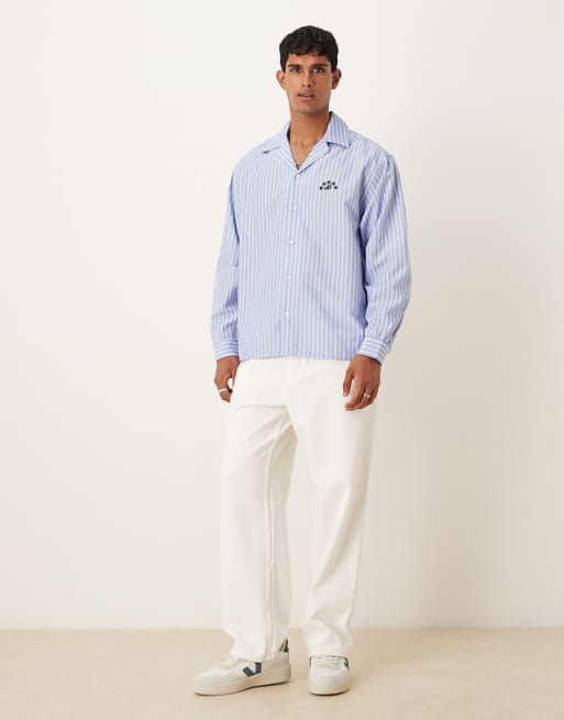 DESIGN Long Sleeved Oversized Fit Shirt With Embroidery Detail In Blue And White Stripe Cotton
