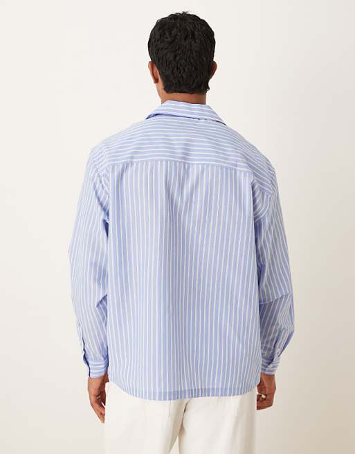 DESIGN Long Sleeved Oversized Fit Shirt With Embroidery Detail In Blue And White Stripe Cotton