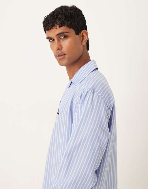 DESIGN Long Sleeved Oversized Fit Shirt With Embroidery Detail In Blue And White Stripe Cotton