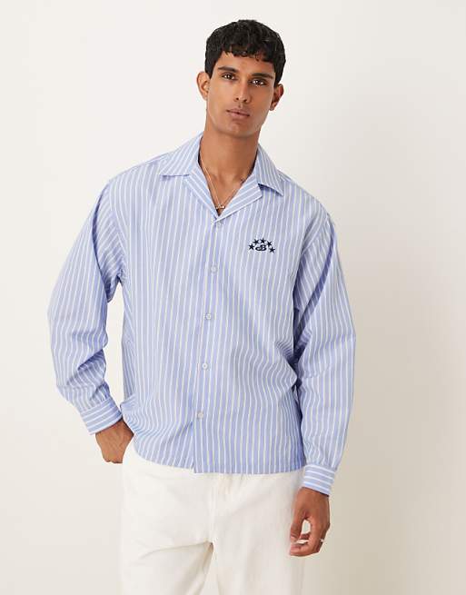 DESIGN long sleeved oversized fit shirt with embroidery detail in blue and white stripe cotton