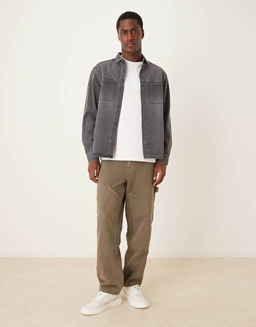 DESIGN Long Sleeved Pocket Detail Shirt In Grey Wash Denim