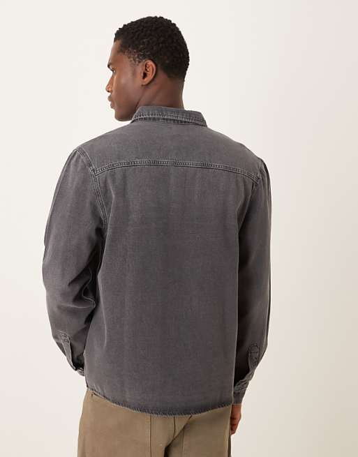 DESIGN Long Sleeved Pocket Detail Shirt In Grey Wash Denim