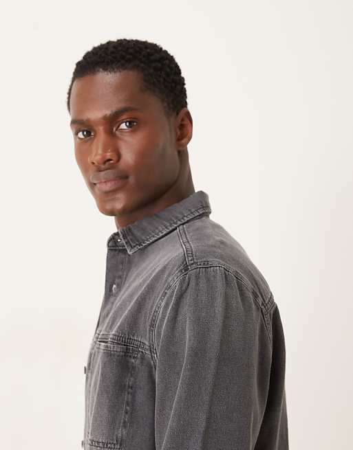 DESIGN Long Sleeved Pocket Detail Shirt In Grey Wash Denim
