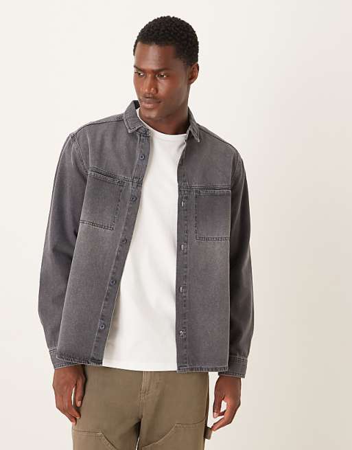 DESIGN long sleeved pocket detail shirt in grey wash denim