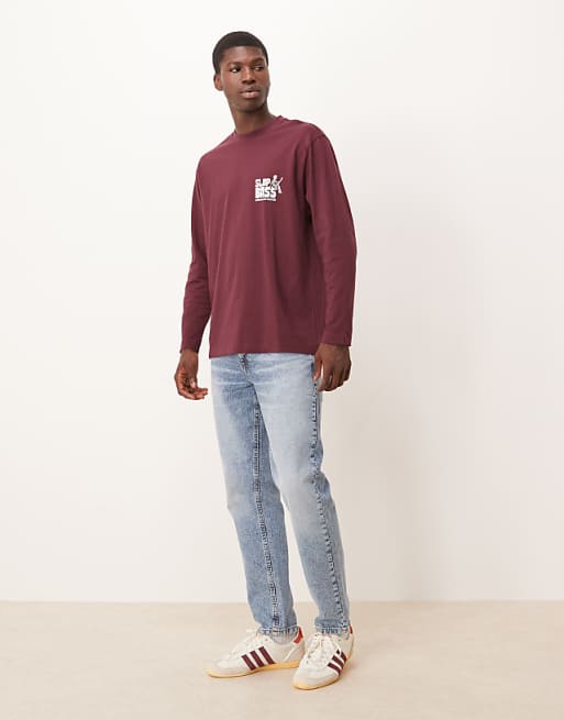 DESIGN Long Sleeved Relaxed Fit T-shirt With Print Detail In Burgundy