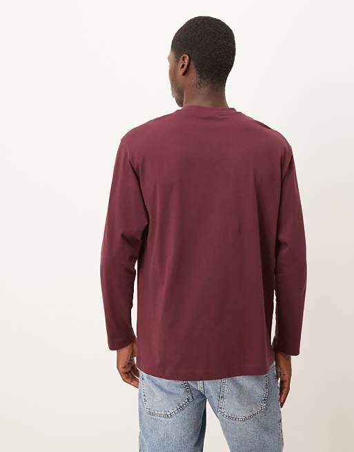 DESIGN Long Sleeved Relaxed Fit T-shirt With Print Detail In Burgundy