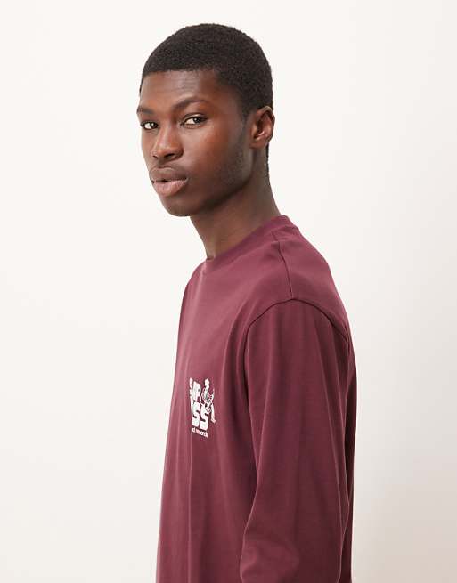 DESIGN Long Sleeved Relaxed Fit T-shirt With Print Detail In Burgundy