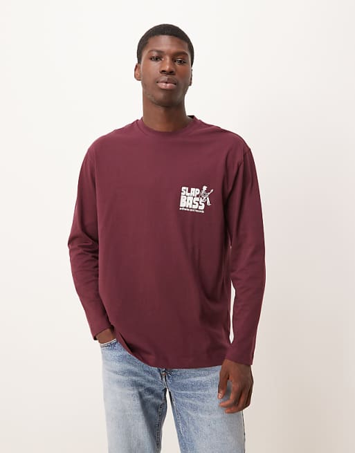 DESIGN long sleeved relaxed fit t-shirt with print detail in burgundy