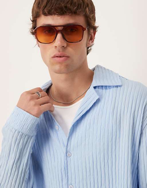 DESIGN Long Sleeved Sheer Stripe Shirt In Pale Blue