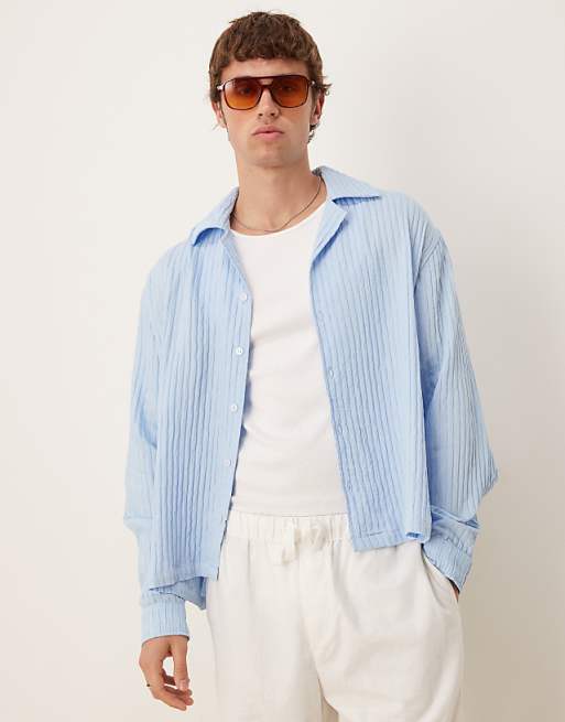 DESIGN long sleeved sheer stripe shirt in pale blue