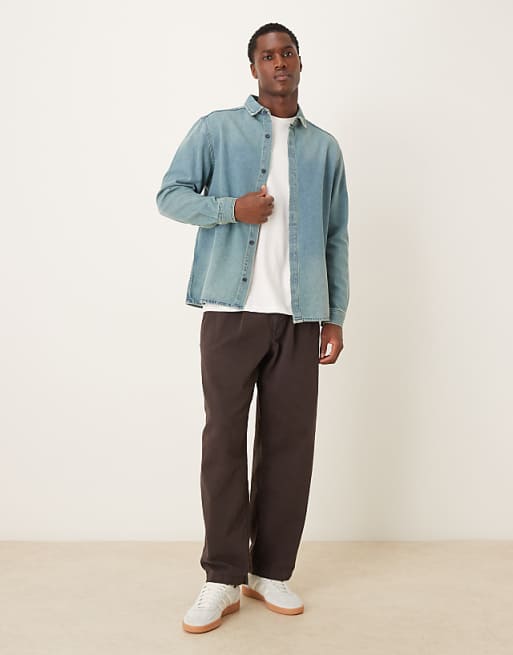 DESIGN Long Sleeved Shirt In Light Wash Denim