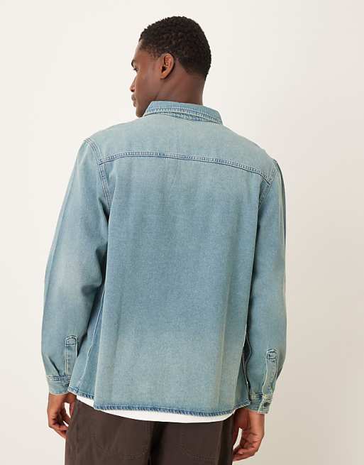 DESIGN Long Sleeved Shirt In Light Wash Denim