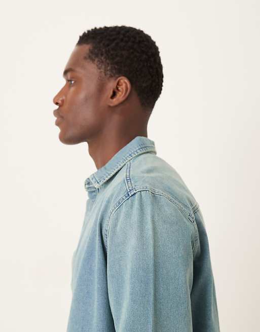 DESIGN Long Sleeved Shirt In Light Wash Denim
