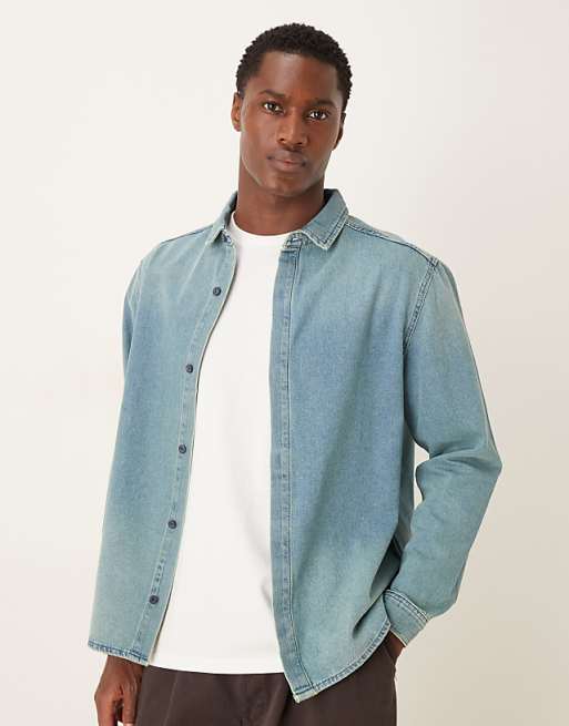 DESIGN long sleeved shirt in light wash denim