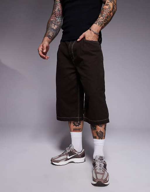 DESIGN Longer Length Contrast Stitch Shorts In Brown With Pleats