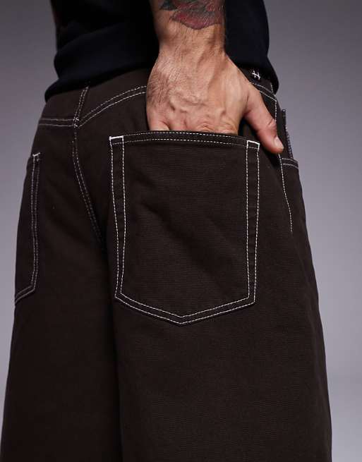 DESIGN Longer Length Contrast Stitch Shorts In Brown With Pleats