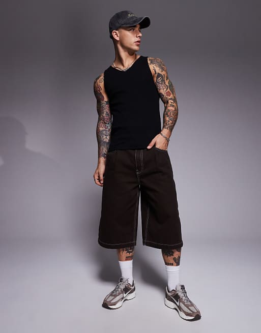 DESIGN longer length contrast stitch shorts in brown with pleats