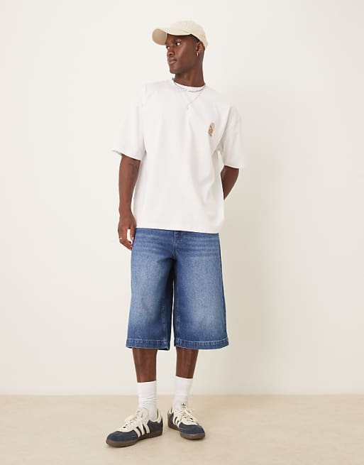DESIGN longer length denim jort in dark wash blue