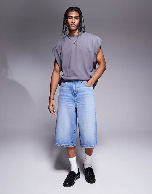 DESIGN longer length denim jort in light wash blue