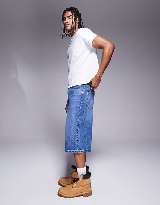 DESIGN Longer Length Denim Jort In Mid Wash Blue