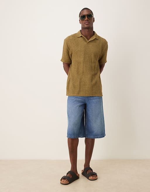 DESIGN longer length denim jort in mid wash blue