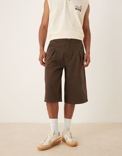 DESIGN Longer Length Denim Jort With Box Pleat In Brown Wash
