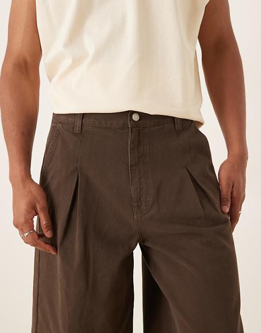 DESIGN Longer Length Denim Jort With Box Pleat In Brown Wash