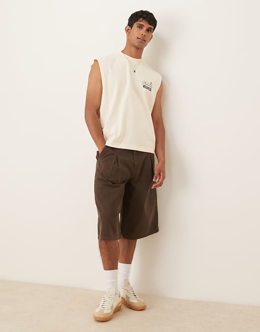 DESIGN longer length denim jort with box pleat in brown wash