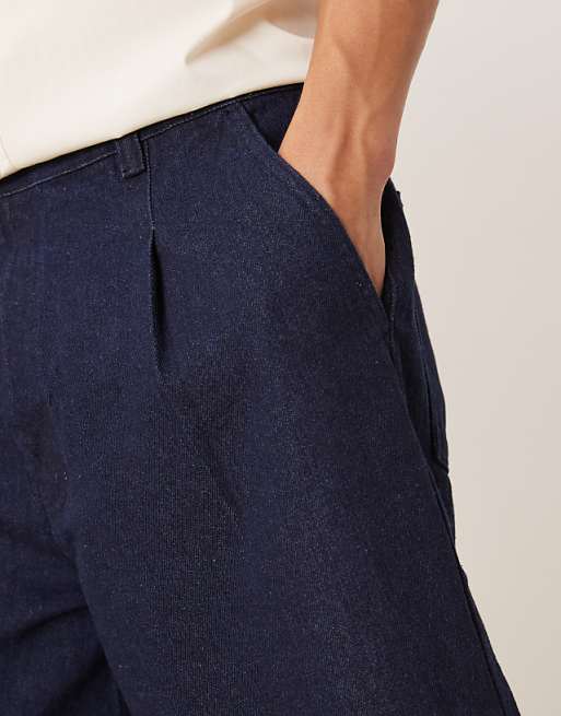 DESIGN Longer Length Pleated Denim Jort In Raw Wash