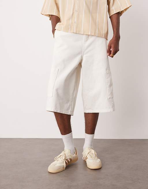 DESIGN Longer Length Pull On Cargo Shorts In White