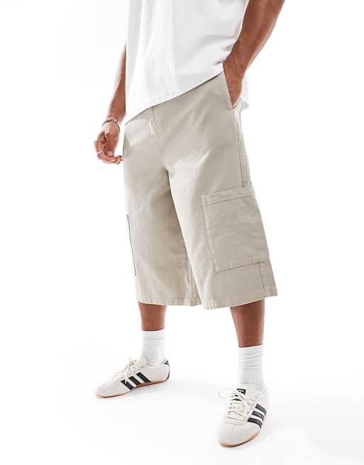DESIGN longer length pull on cargo shorts in grey