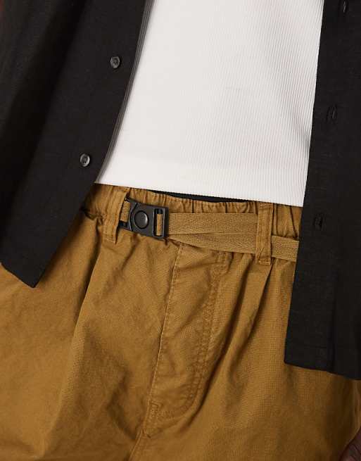 DESIGN Longer Length Shorts With Belt And Pleats In Olive Green