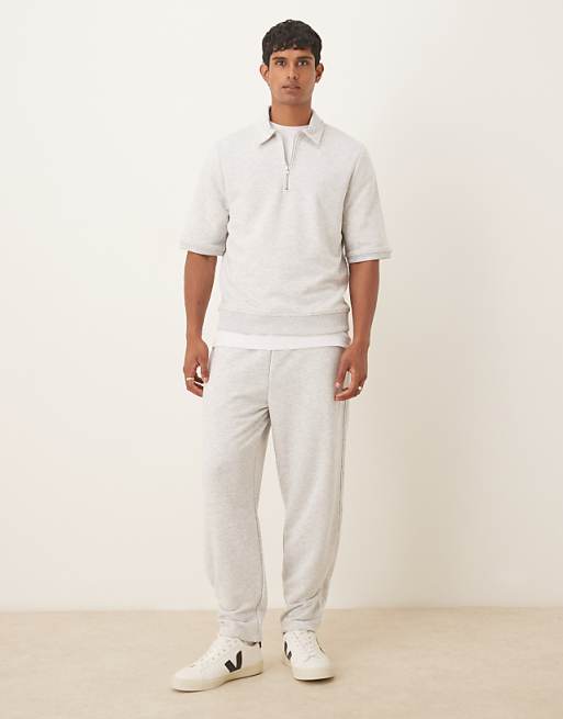DESIGN Loopback Short Sleeve Sweatshirt With Zip In Grey Marl