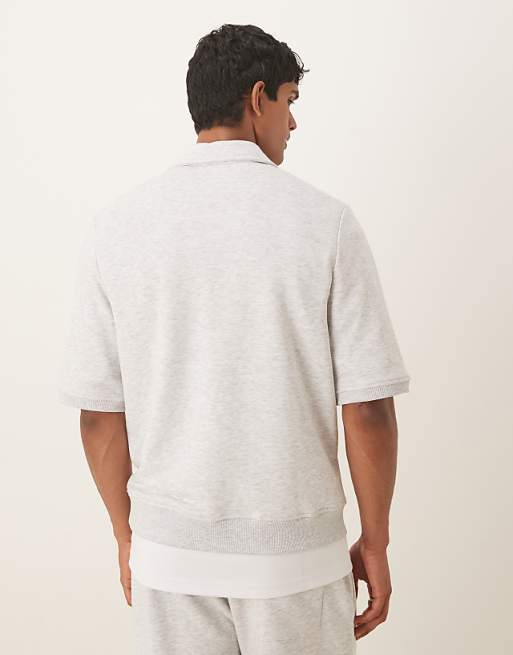 DESIGN Loopback Short Sleeve Sweatshirt With Zip In Grey Marl
