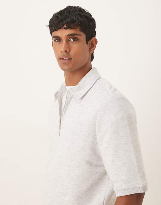 DESIGN Loopback Short Sleeve Sweatshirt With Zip In Grey Marl
