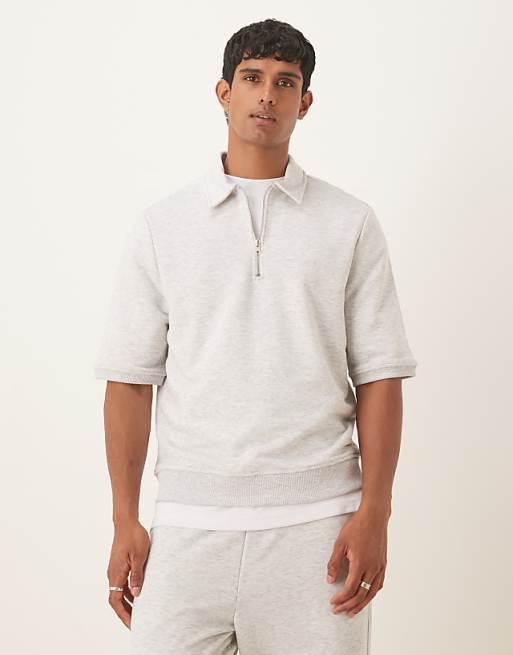DESIGN loopback short sleeve sweatshirt with zip in grey marl