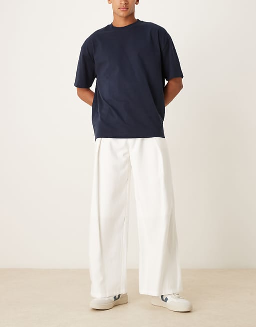 DESIGN Loose Fit Trousers With Deep Pleat Detail In White