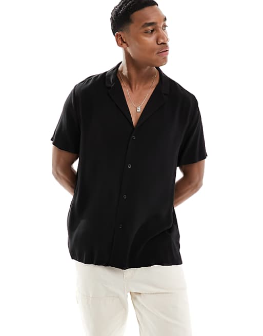 DESIGN Loose Fit Viscose Shirt With Deep Revere Collar In Black
